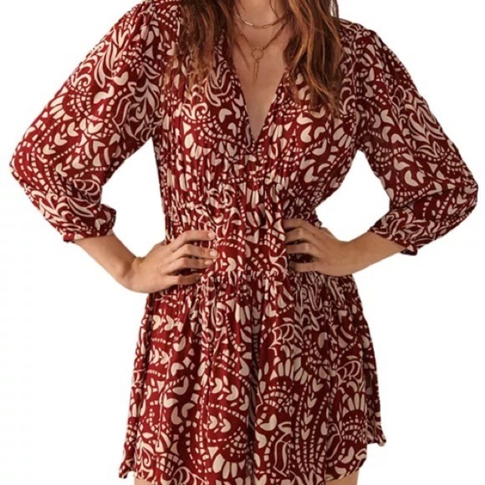 ba&sh‎ Lady Dress Red Cream Abstract Print V-Neck Mini Dress Womens Size M